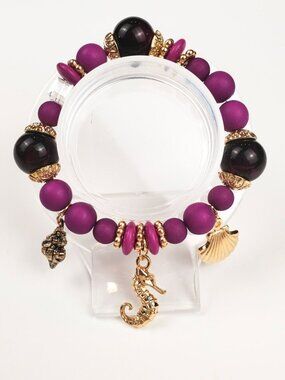 Purple Seahorse Charm Bracelet Gold Shell Coastal Beaded Jewelry
